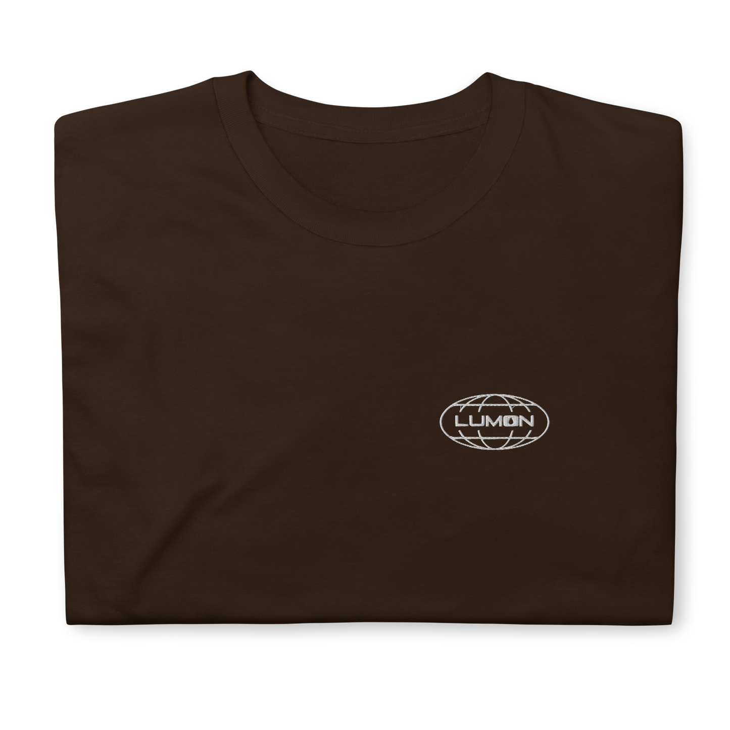Brown t-shirt featuring an embroidered 'Lumon' logo on the front, inspired by the TV series Severance. The shirt offers a minimalist, clean design with a classic fit, suitable for casual wear.