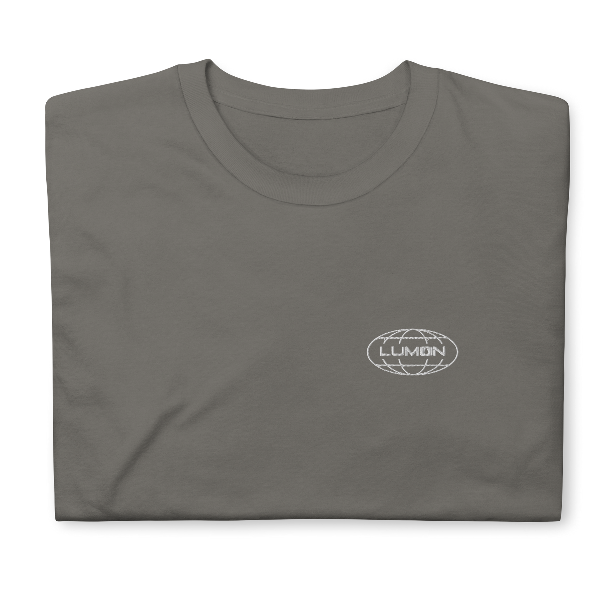 Charcoal t-shirt featuring an embroidered 'Lumon' logo on the front, inspired by the TV series Severance. The shirt offers a minimalist, clean design with a classic fit, suitable for casual wear.