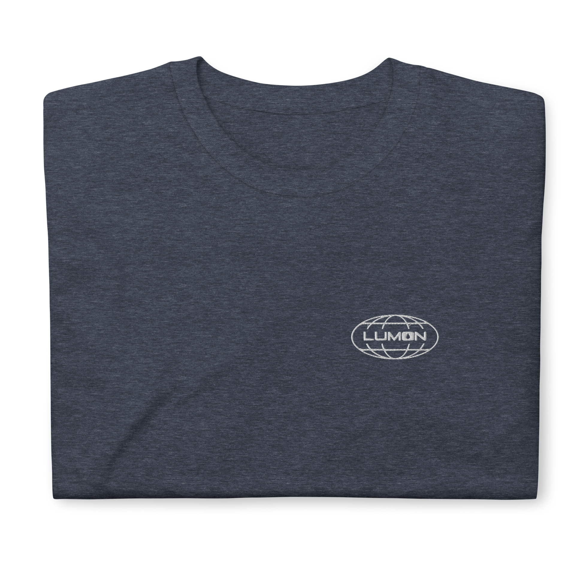 Heather t-shirt featuring an embroidered 'Lumon' logo on the front, inspired by the TV series Severance. The shirt offers a minimalist, clean design with a classic fit, suitable for casual wear.