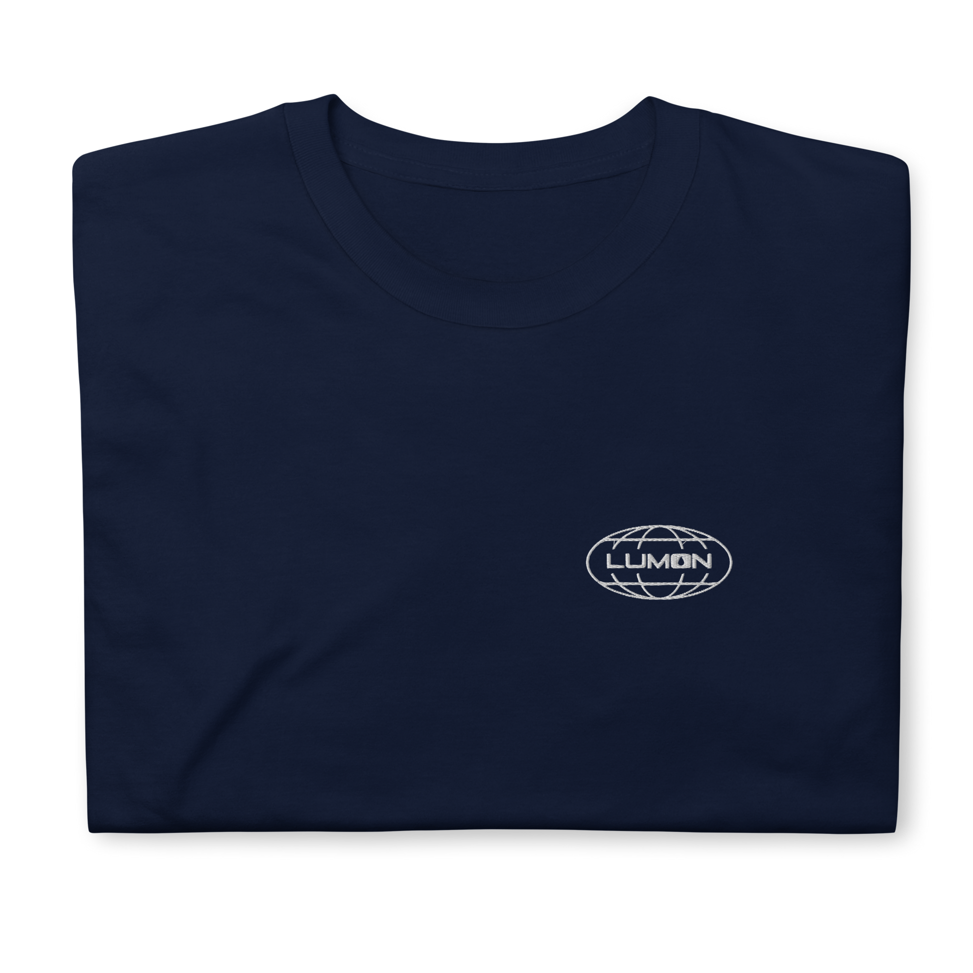 Blue t-shirt featuring an embroidered 'Lumon' logo on the front, inspired by the TV series Severance. The shirt offers a minimalist, clean design with a classic fit, suitable for casual wear.