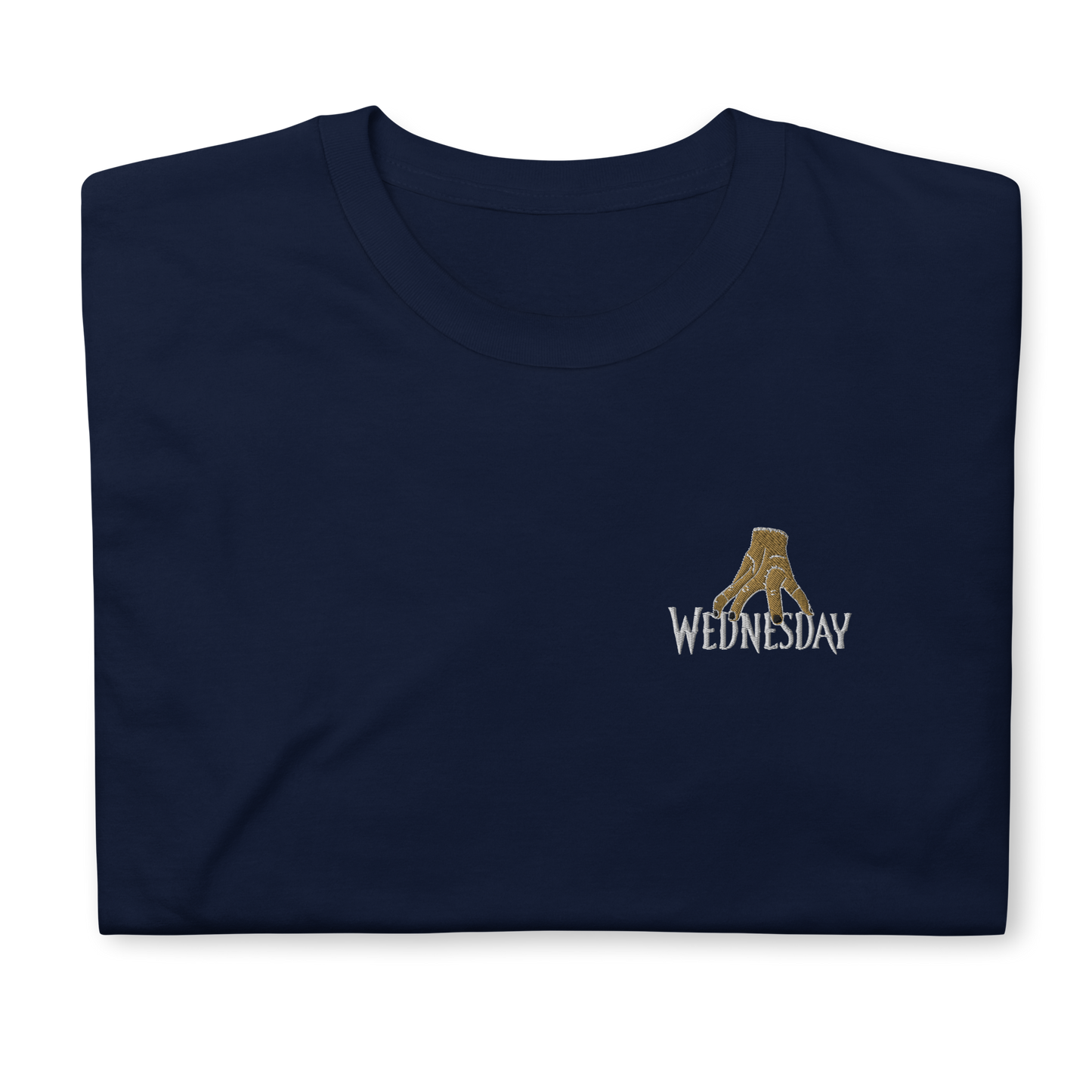 Navy Wednesday T-Shirt – Trendy Unisex Tee for Addams Family Fans with Bold Hand Embroidery