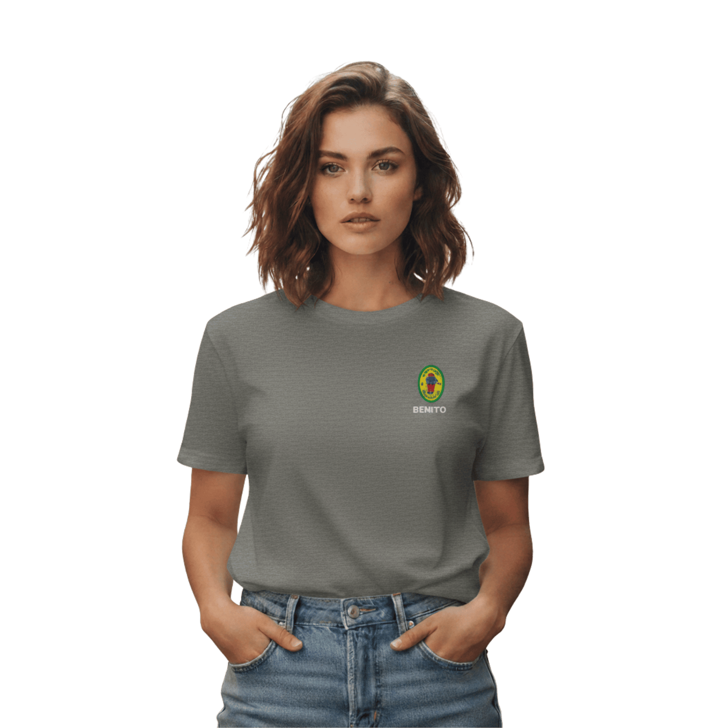 Charcoal Bad Bunny inspired t-shirt with minimalist Benito graphic logo on chest, premium streetwear tee for men and women.