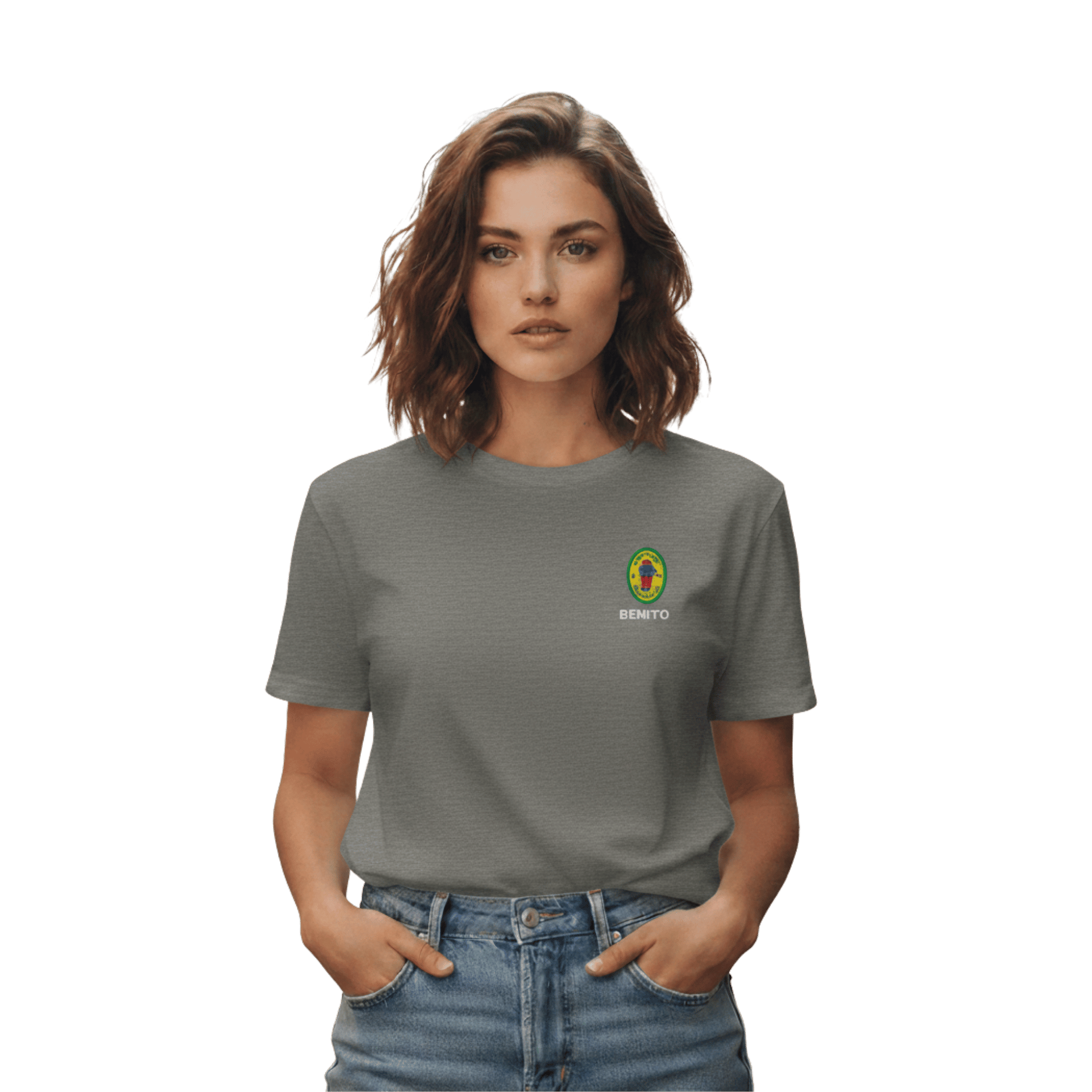 Charcoal Bad Bunny inspired t-shirt with minimalist Benito graphic logo on chest, premium streetwear tee for men and women.