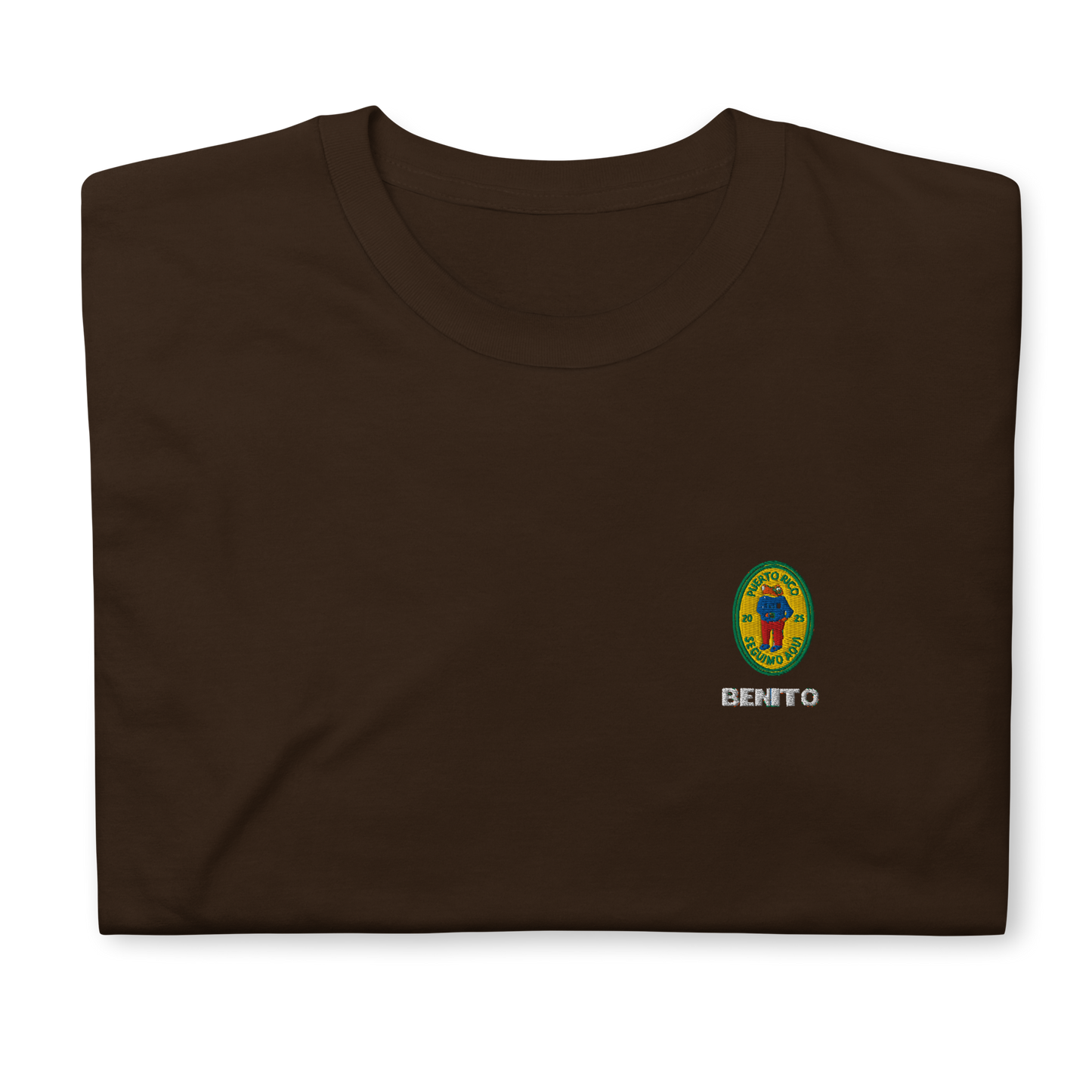 Dark Chocolate Bad Bunny inspired t-shirt with minimalist Benito graphic logo on chest, premium streetwear tee for men and women.