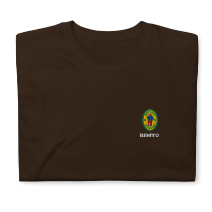 Dark Chocolate Bad Bunny inspired t-shirt with minimalist Benito graphic logo on chest, premium streetwear tee for men and women.