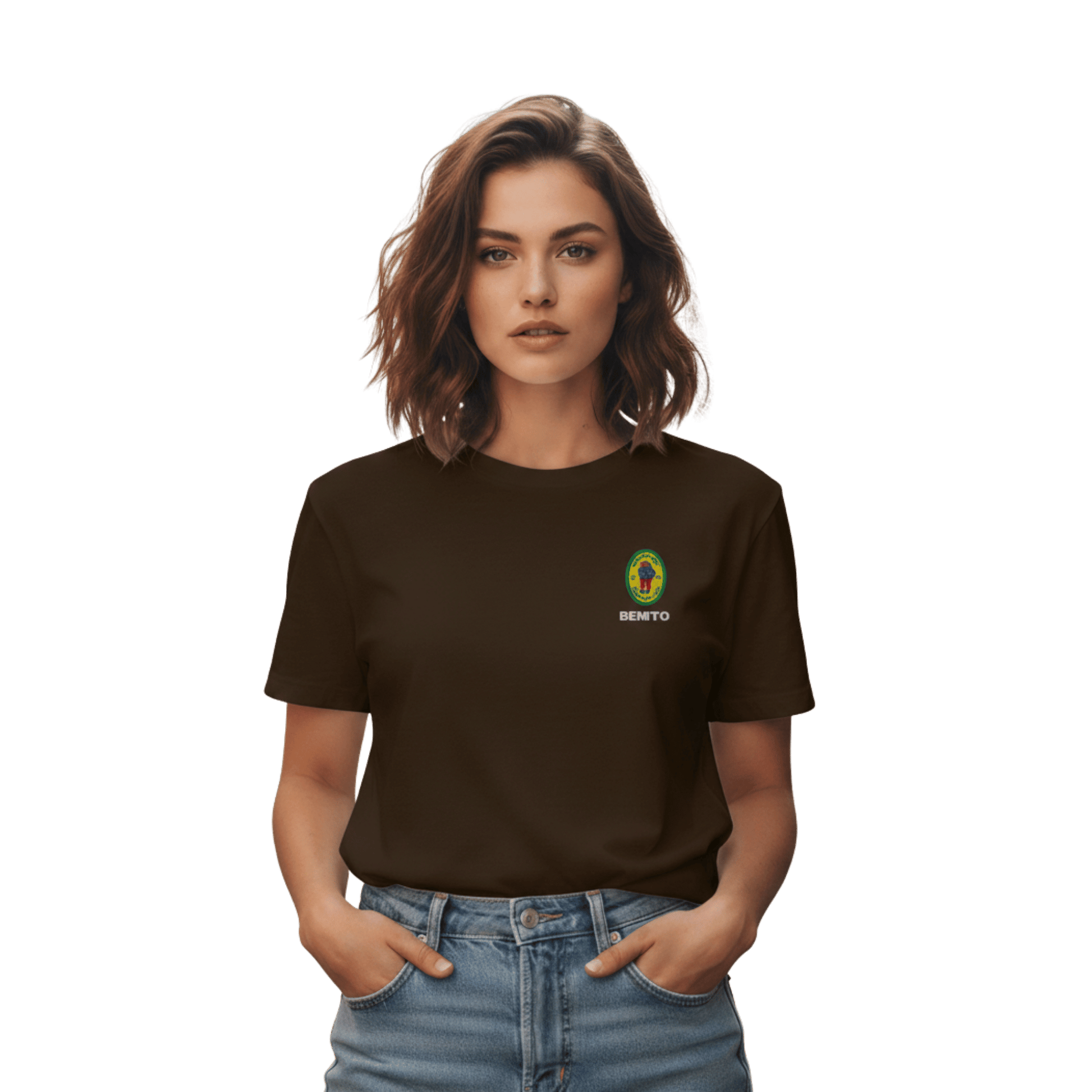 Dark Chocolate Bad Bunny inspired t-shirt with minimalist Benito graphic logo on chest, premium streetwear tee for men and women.