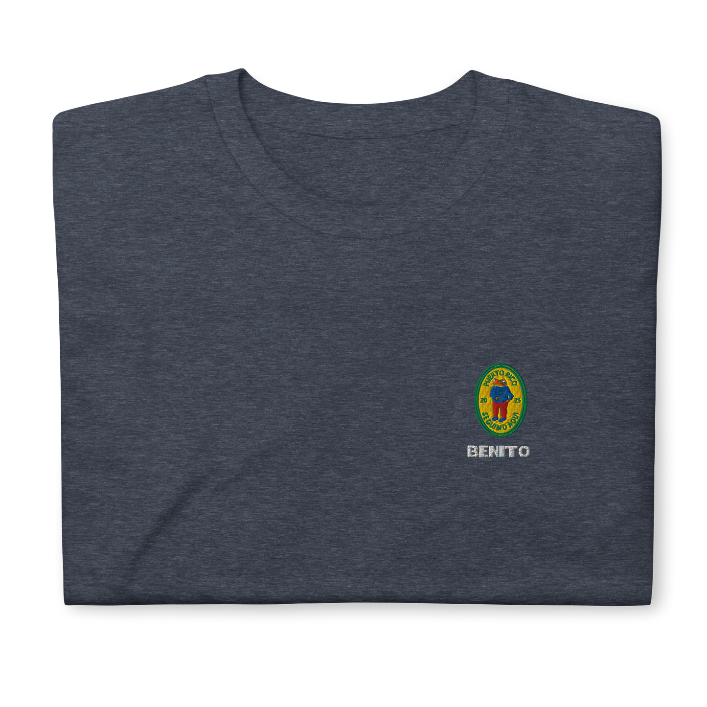 Heather Navy Bad Bunny inspired t-shirt with minimalist Benito graphic logo on chest, premium streetwear tee for men and women.