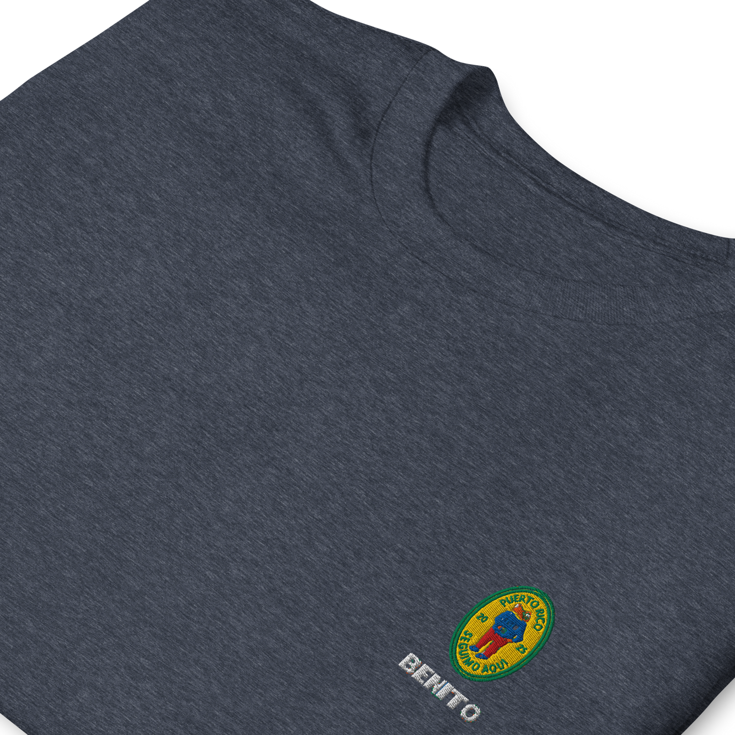 Heather Navy Bad Bunny inspired t-shirt with minimalist Benito graphic logo on chest, premium streetwear tee for men and women.