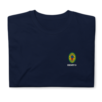 Navy Bad Bunny inspired t-shirt with minimalist Benito graphic logo on chest, premium streetwear tee for men and women.