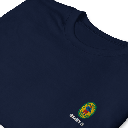 Navy Bad Bunny inspired t-shirt with minimalist Benito graphic logo on chest, premium streetwear tee for men and women.