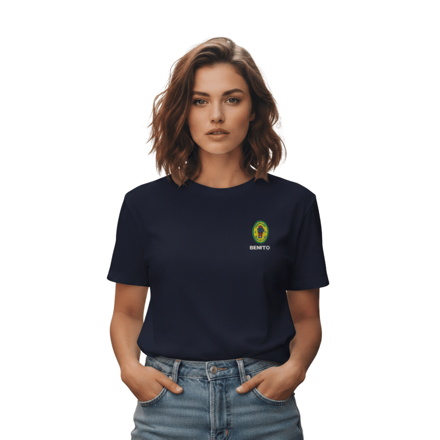 Navy Bad Bunny inspired t-shirt with minimalist Benito graphic logo on chest, premium streetwear tee for men and women.