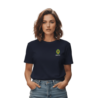 Navy Bad Bunny inspired t-shirt with minimalist Benito graphic logo on chest, premium streetwear tee for men and women.