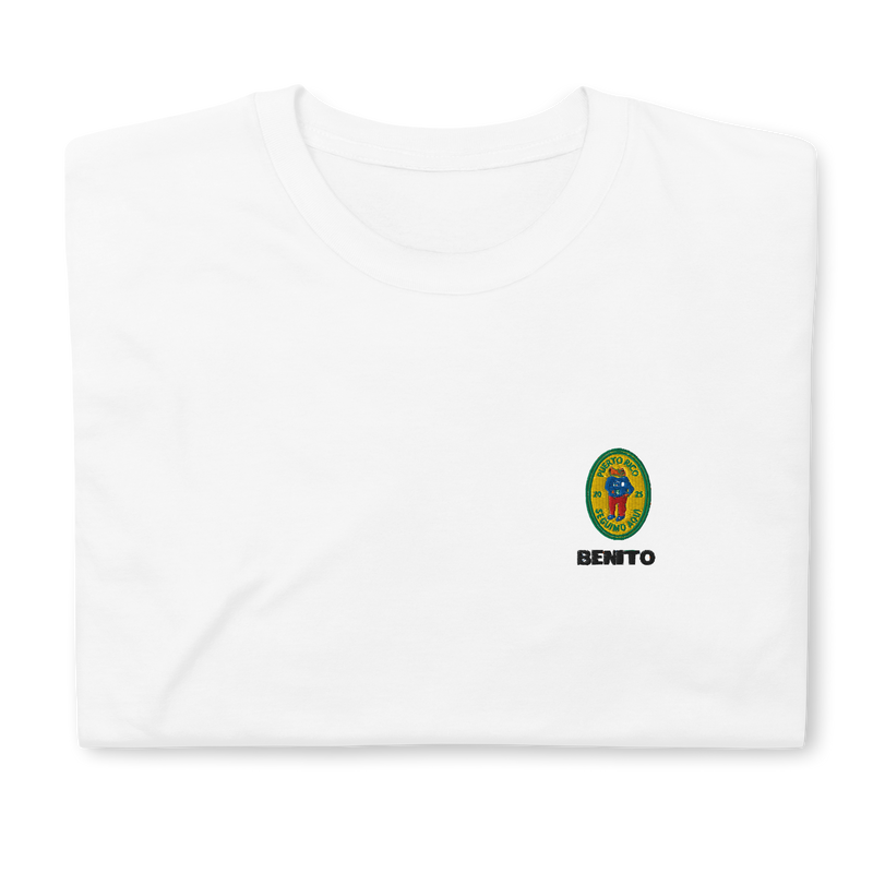 White Bad Bunny inspired t-shirt with minimalist Benito graphic logo on chest, premium streetwear tee for men and women.