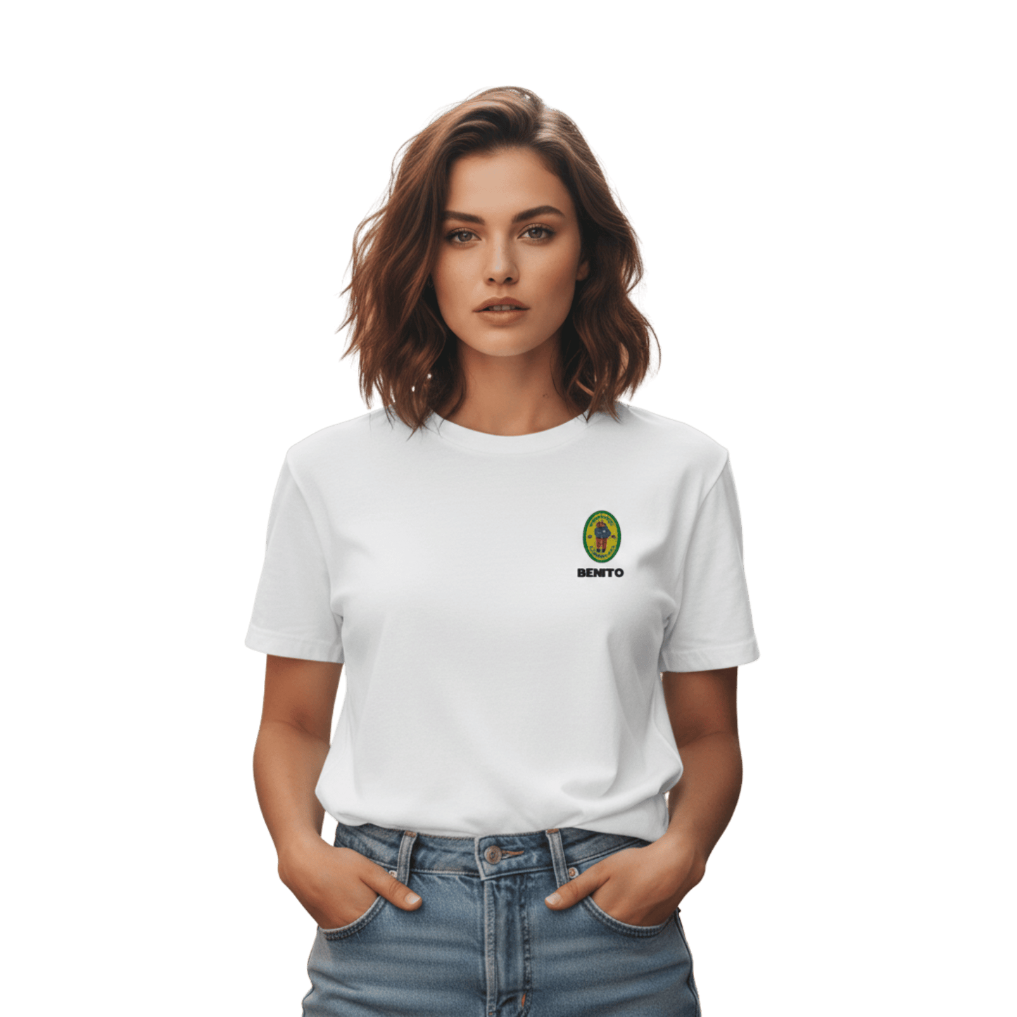 White Bad Bunny inspired t-shirt with minimalist Benito graphic logo on chest, premium streetwear tee for men and women.