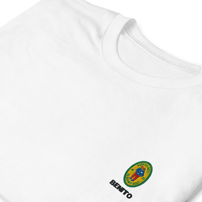 White Bad Bunny inspired t-shirt with minimalist Benito graphic logo on chest, premium streetwear tee for men and women.