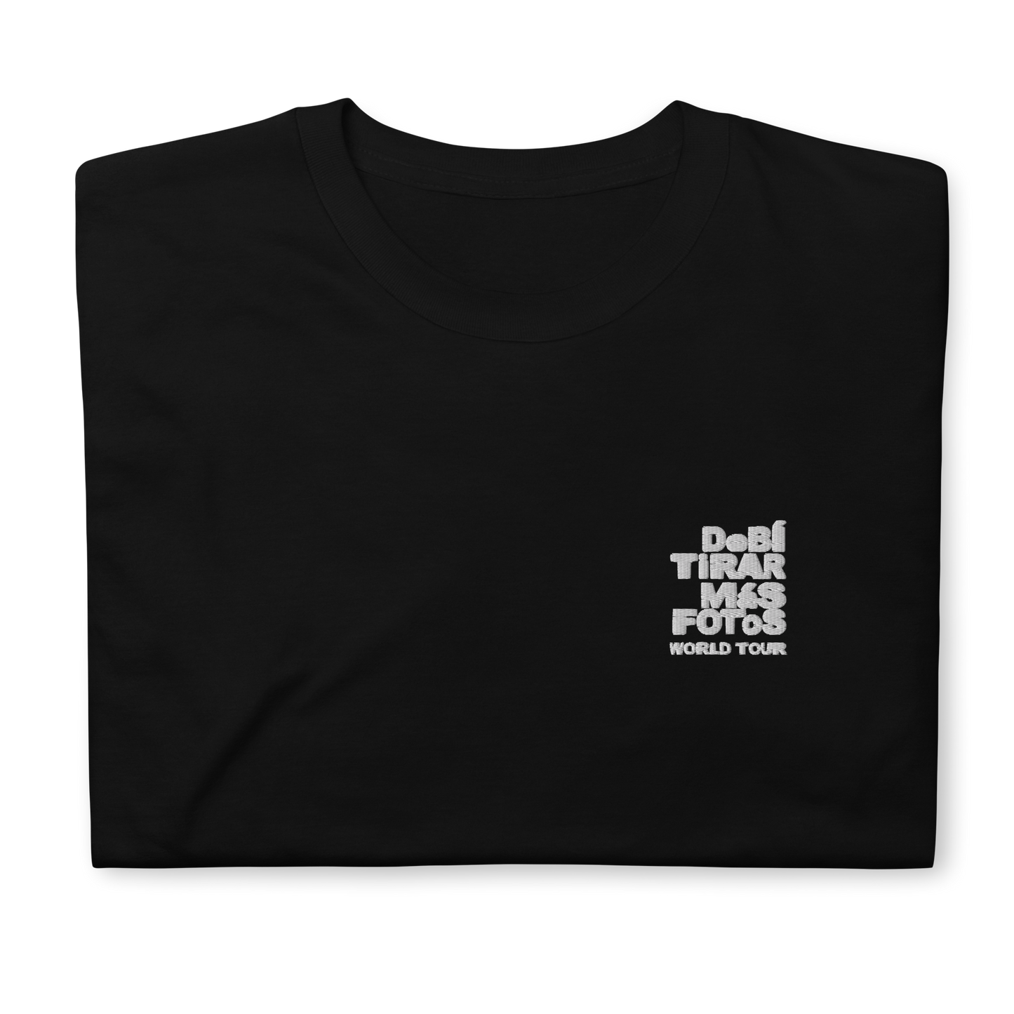 Black crewneck t-shirt featuring small white DTMF World Tour graphic and text inspired by Bad Bunny’s DtMF (Debí Tirar Más Fotos) album and global tour merchandise