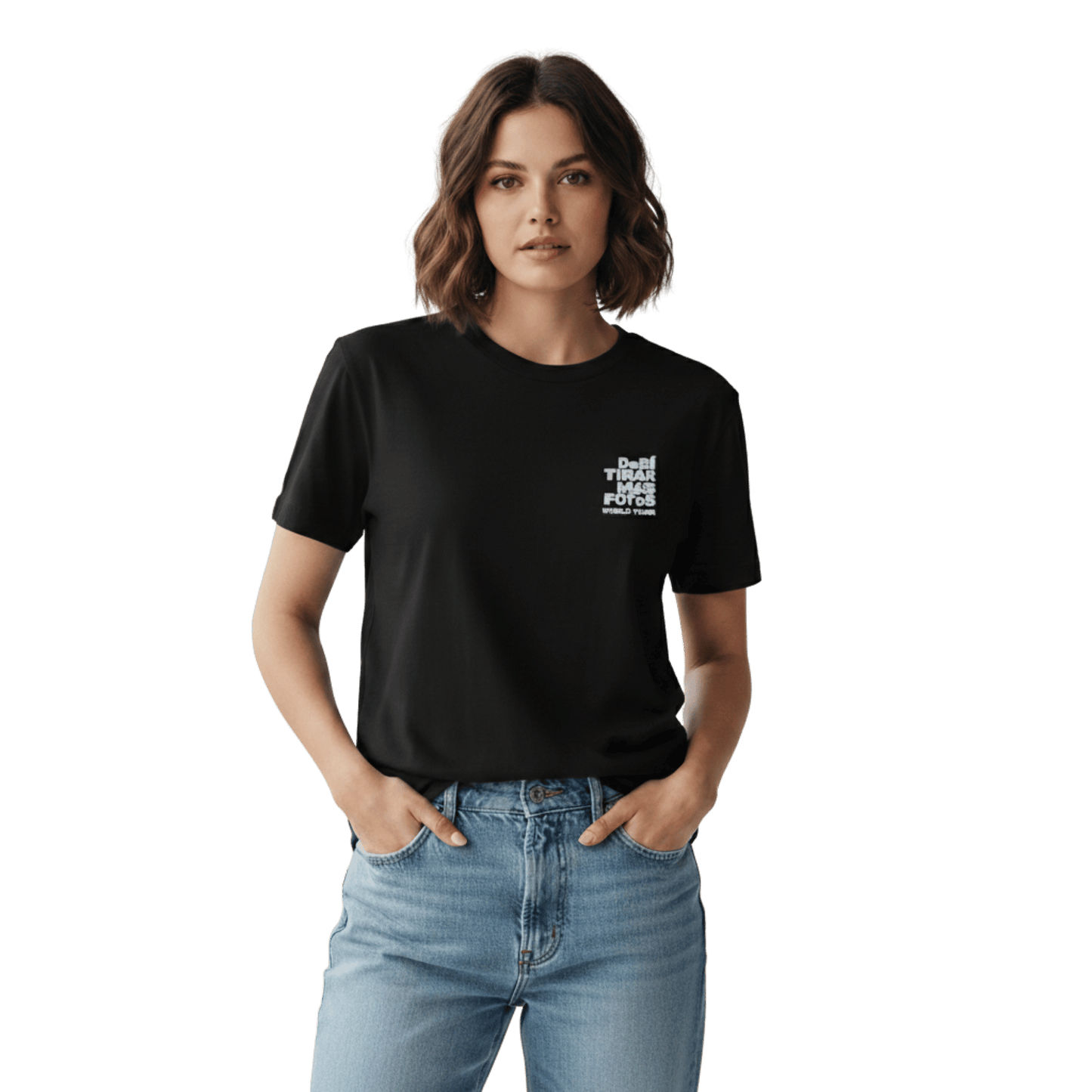 Black crewneck t-shirt featuring small white DTMF World Tour graphic and text inspired by Bad Bunny’s DtMF (Debí Tirar Más Fotos) album and global tour merchandise