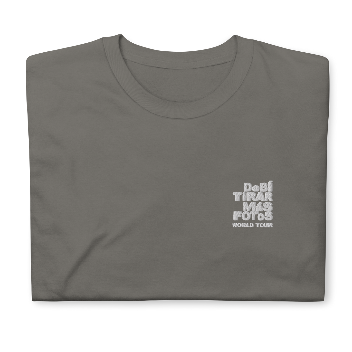 Charcoal crewneck t-shirt featuring small white DTMF World Tour graphic and text inspired by Bad Bunny’s DtMF (Debí Tirar Más Fotos) album and global tour merchandise