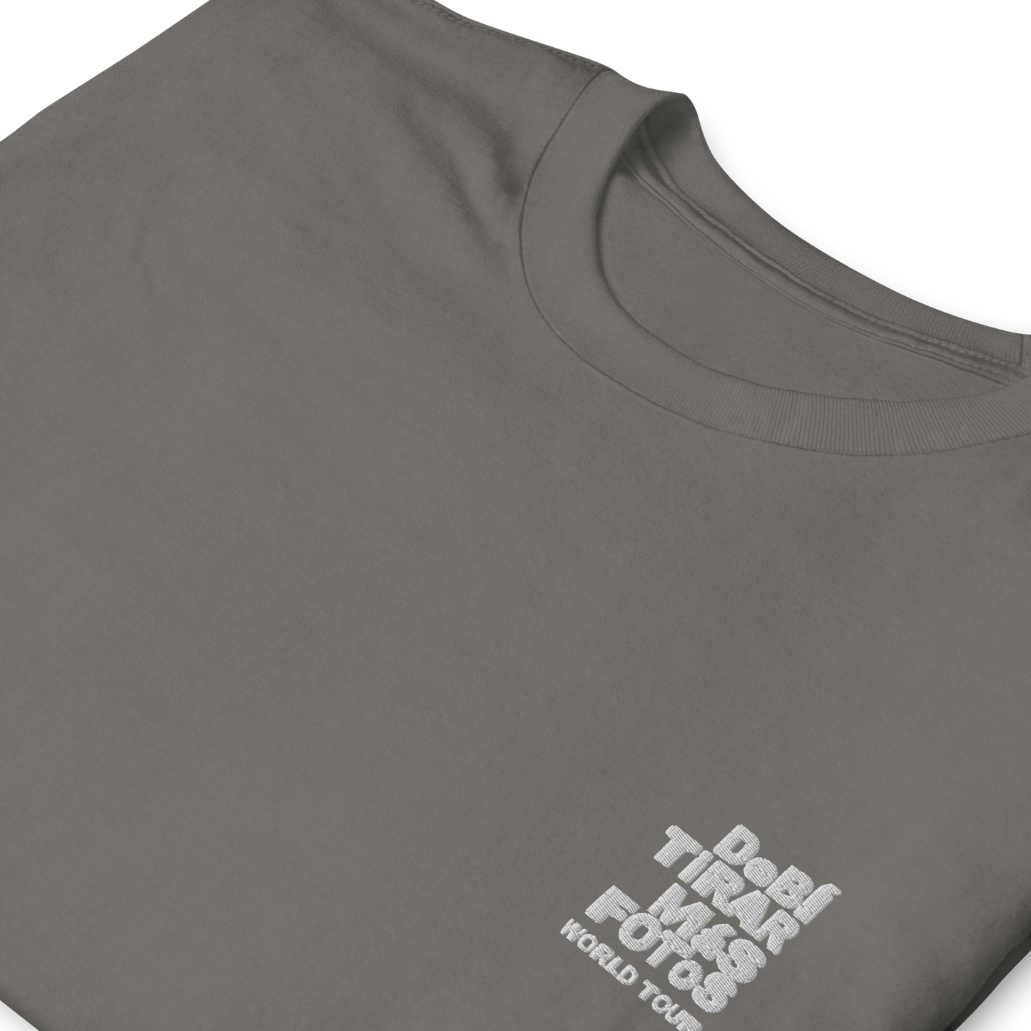 Charcoal crewneck t-shirt featuring small white DTMF World Tour graphic and text inspired by Bad Bunny’s DtMF (Debí Tirar Más Fotos) album and global tour merchandise