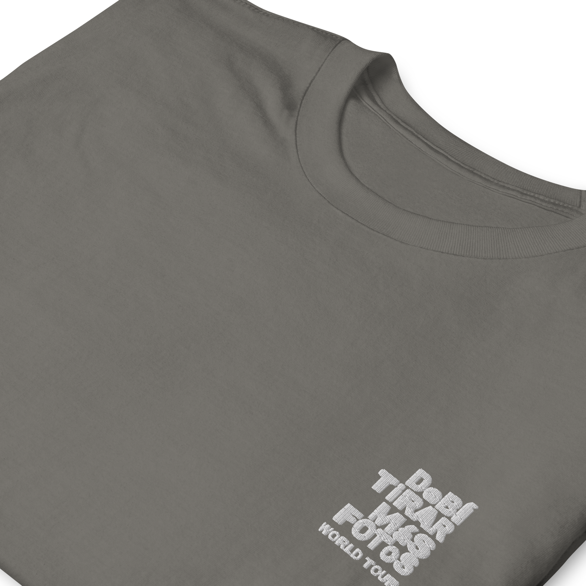 Charcoal crewneck t-shirt featuring small white DTMF World Tour graphic and text inspired by Bad Bunny’s DtMF (Debí Tirar Más Fotos) album and global tour merchandise