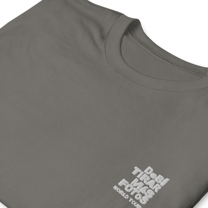 Charcoal crewneck t-shirt featuring small white DTMF World Tour graphic and text inspired by Bad Bunny’s DtMF (Debí Tirar Más Fotos) album and global tour merchandise