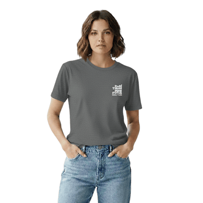 Charcoal crewneck t-shirt featuring small white DTMF World Tour graphic and text inspired by Bad Bunny’s DtMF (Debí Tirar Más Fotos) album and global tour merchandise