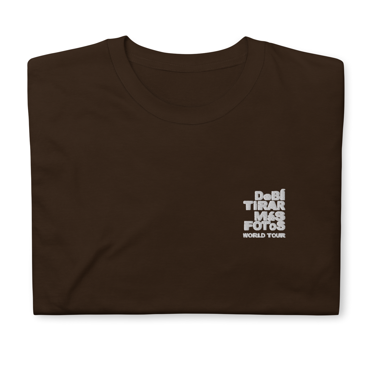 Dark chocolate crewneck t-shirt featuring small white DTMF World Tour graphic and text inspired by Bad Bunny’s DtMF (Debí Tirar Más Fotos) album and global tour merchandise