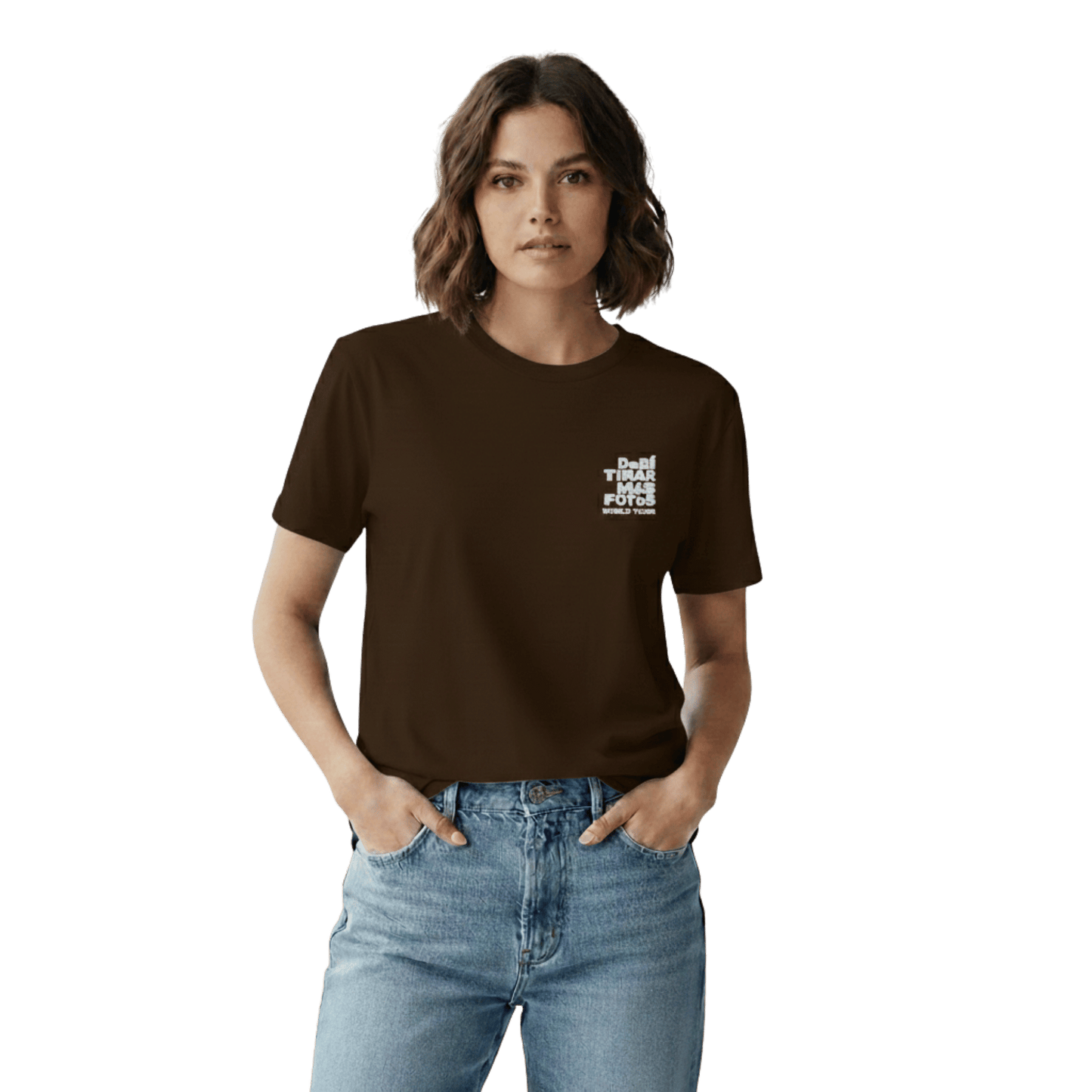 Dark chocolate crewneck t-shirt featuring small white DTMF World Tour graphic and text inspired by Bad Bunny’s DtMF (Debí Tirar Más Fotos) album and global tour merchandise