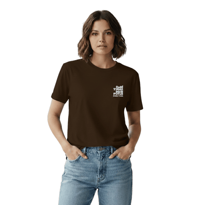 Dark chocolate crewneck t-shirt featuring small white DTMF World Tour graphic and text inspired by Bad Bunny’s DtMF (Debí Tirar Más Fotos) album and global tour merchandise