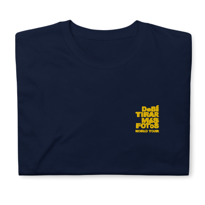 Navy blue crewneck t-shirt featuring small yellow DTMF World Tour graphic and text inspired by Bad Bunny’s DtMF (Debí Tirar Más Fotos) album and global tour merchandise