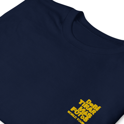 Navy blue crewneck t-shirt featuring small yellow DTMF World Tour graphic and text inspired by Bad Bunny’s DtMF (Debí Tirar Más Fotos) album and global tour merchandise