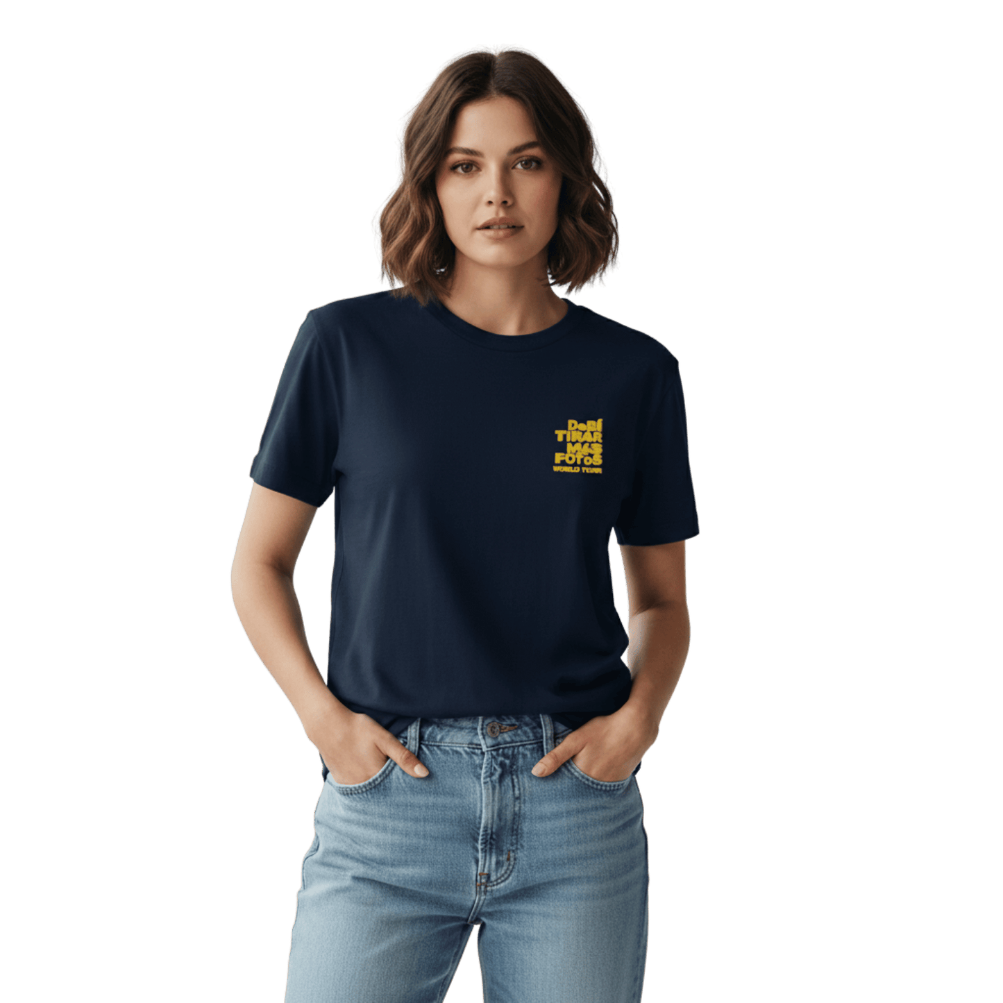 Navy blue crewneck t-shirt featuring small yellow DTMF World Tour graphic and text inspired by Bad Bunny’s DtMF (Debí Tirar Más Fotos) album and global tour merchandise