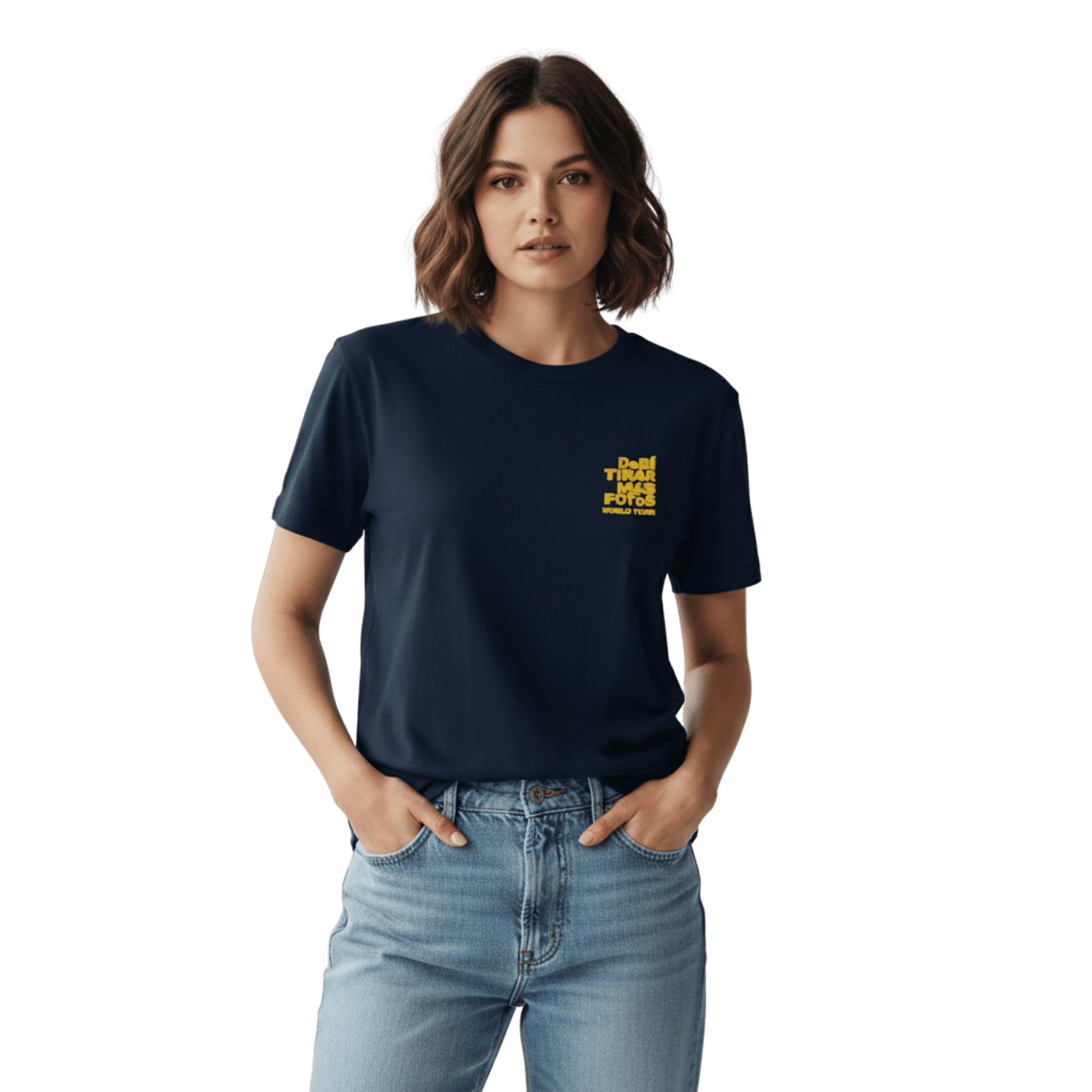 Navy blue crewneck t-shirt featuring small yellow DTMF World Tour graphic and text inspired by Bad Bunny’s DtMF (Debí Tirar Más Fotos) album and global tour merchandise