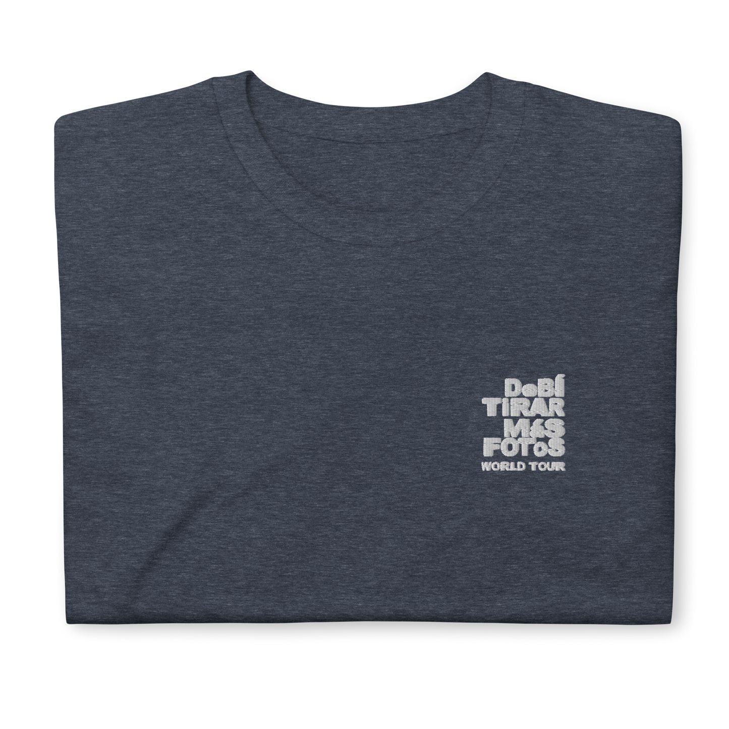 Heather navy crewneck t-shirt featuring small white DTMF World Tour graphic and text inspired by Bad Bunny’s DtMF (Debí Tirar Más Fotos) album and global tour merchandise