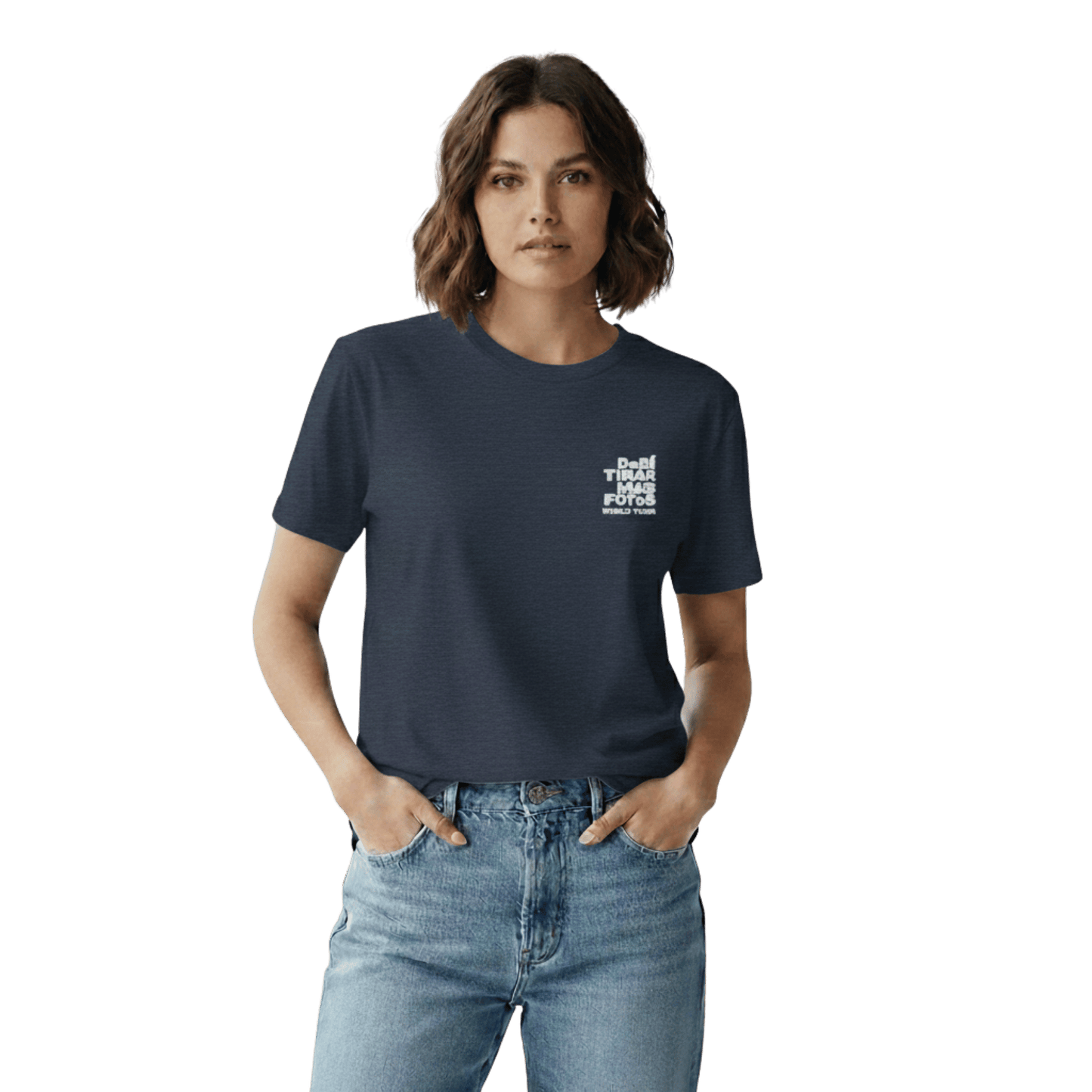 Heather navy crewneck t-shirt featuring small white DTMF World Tour graphic and text inspired by Bad Bunny’s DtMF (Debí Tirar Más Fotos) album and global tour merchandise
