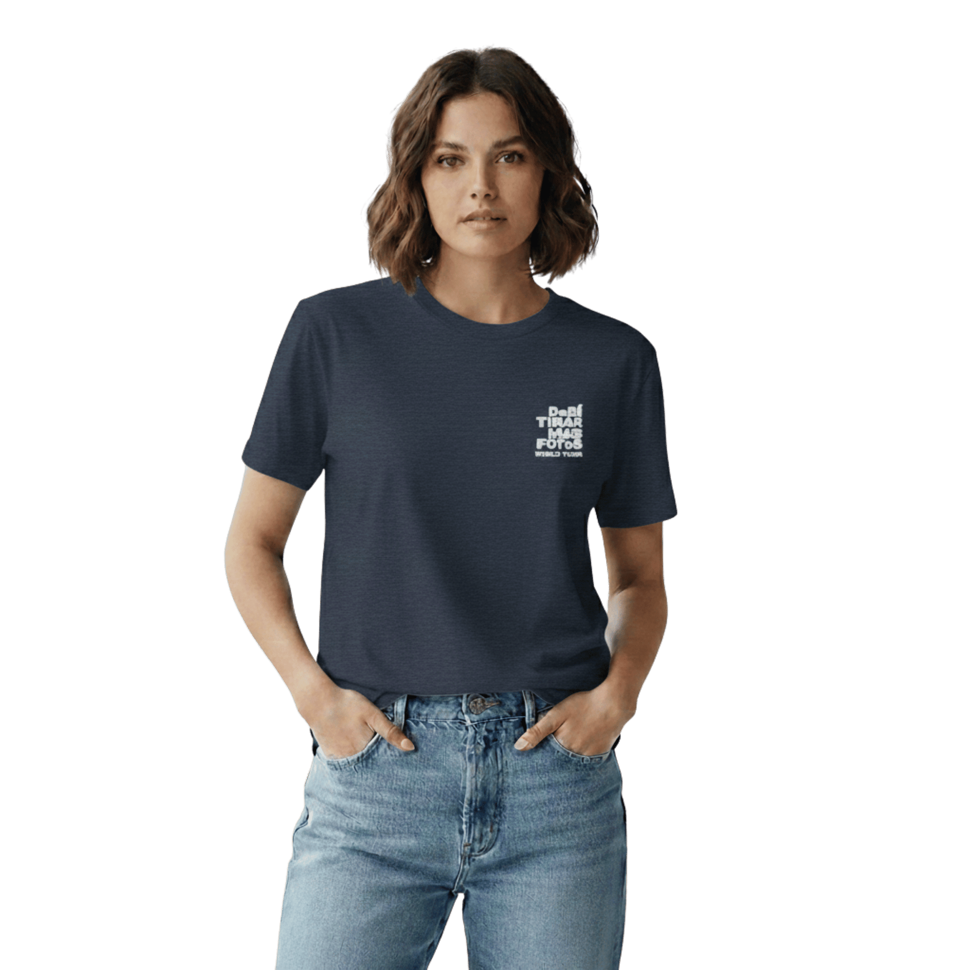 Heather navy crewneck t-shirt featuring small white DTMF World Tour graphic and text inspired by Bad Bunny’s DtMF (Debí Tirar Más Fotos) album and global tour merchandise