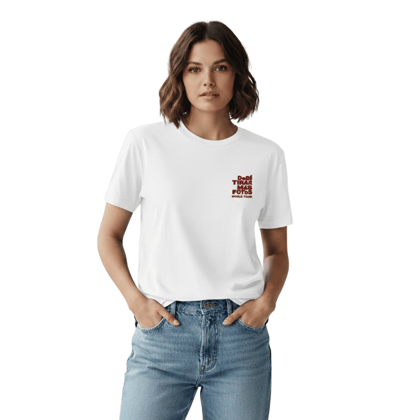 White crewneck t-shirt featuring small red DTMF World Tour graphic and text inspired by Bad Bunny’s DtMF (Debí Tirar Más Fotos) album and global tour merchandise