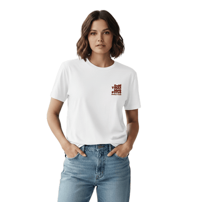 White crewneck t-shirt featuring small red DTMF World Tour graphic and text inspired by Bad Bunny’s DtMF (Debí Tirar Más Fotos) album and global tour merchandise