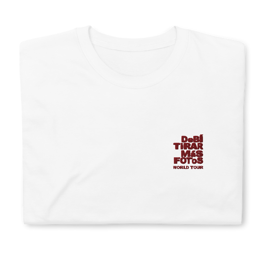 Bad Bunny-inspired “Debí Tirar Más Fotos” tour t-shirt featuring bold DTMF lettering and concert-style graphic — perfect streetwear for Latin trap fans.