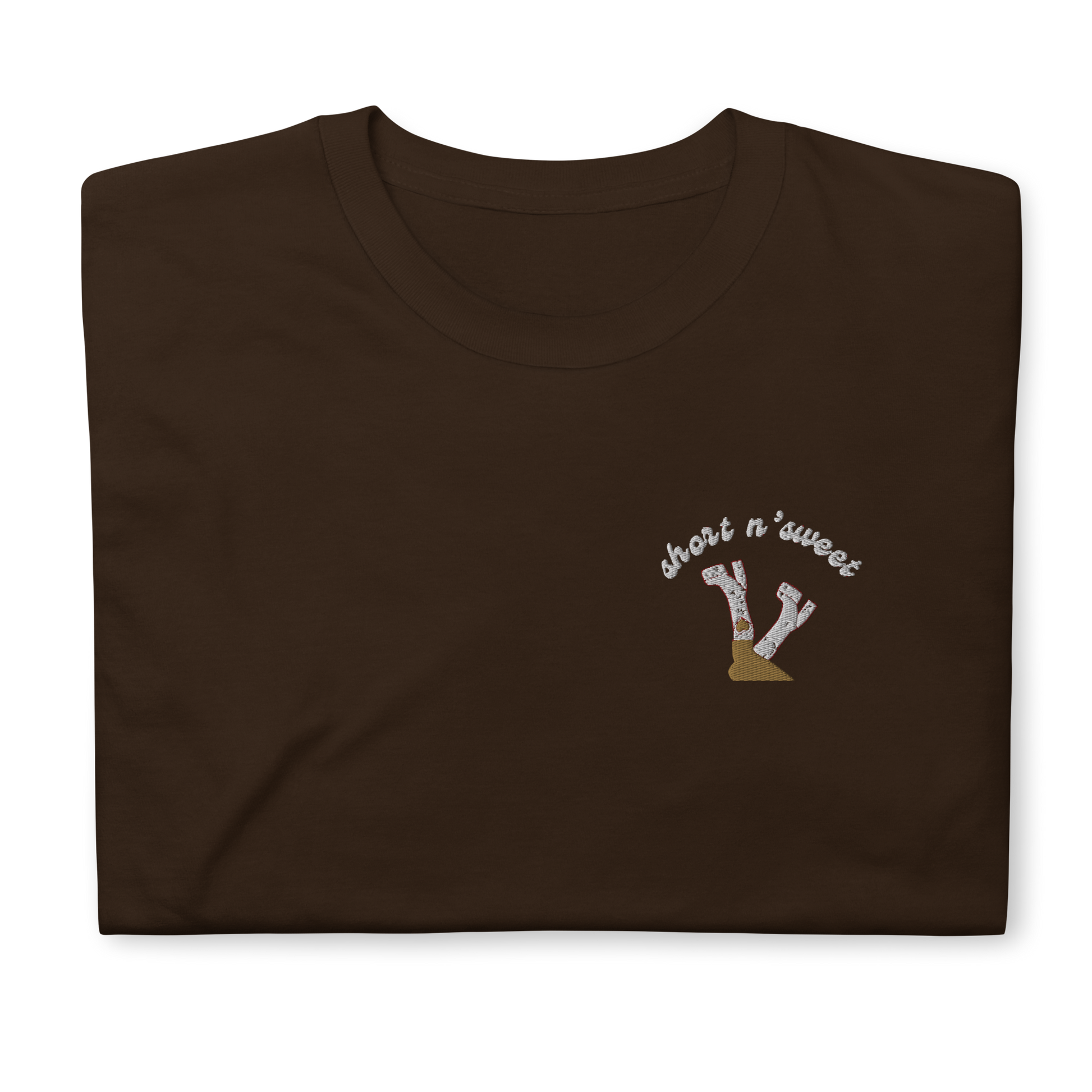 Brown ‘Short n’ Sweet’ t-shirt inspired by Sabrina Carpenter, featuring bold text on the front