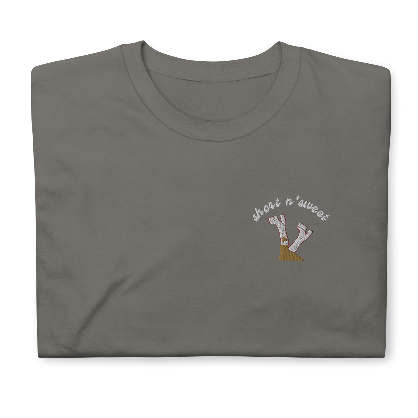 Charcoal ‘Short n’ Sweet’ t-shirt inspired by Sabrina Carpenter, featuring bold text on the front