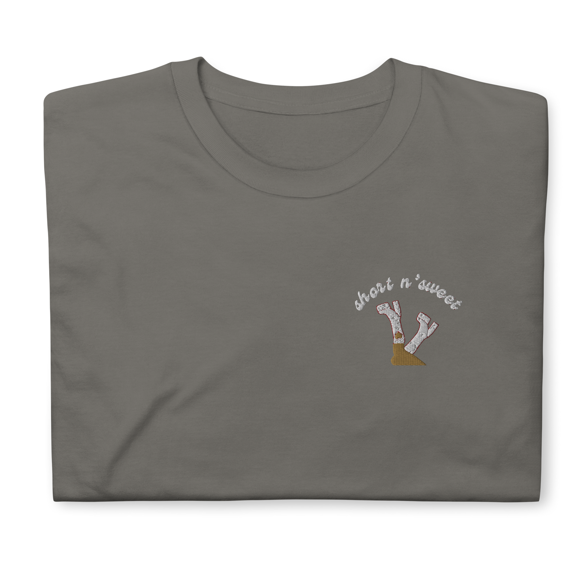 Charcoal ‘Short n’ Sweet’ t-shirt inspired by Sabrina Carpenter, featuring bold text on the front