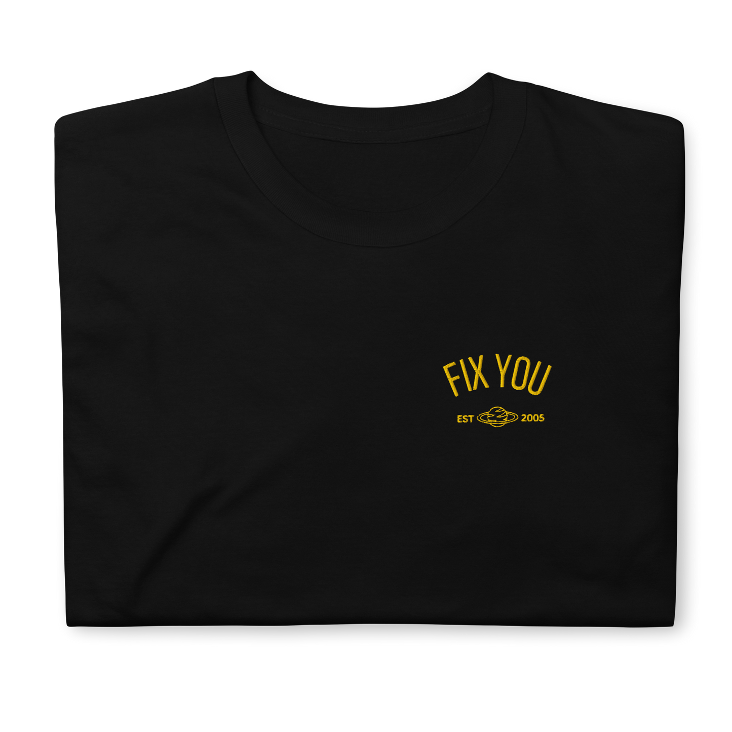 Black minimalist t-shirt featuring yellow “Fix You” typography with subtle graphic detail - Coldplay inspired band merch, aesthetic Coldplay “Fix You” song fan apparel