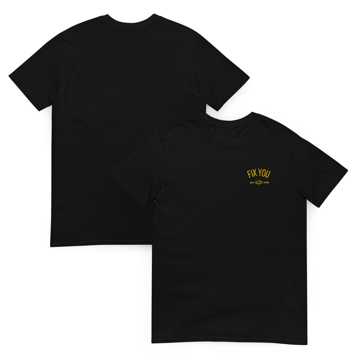 Black minimalist t-shirt featuring yellow “Fix You” typography with subtle graphic detail - Coldplay inspired band merch, aesthetic Coldplay “Fix You” song fan apparel