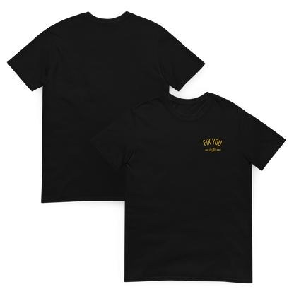 Black minimalist t-shirt featuring yellow “Fix You” typography with subtle graphic detail - Coldplay inspired band merch, aesthetic Coldplay “Fix You” song fan apparel