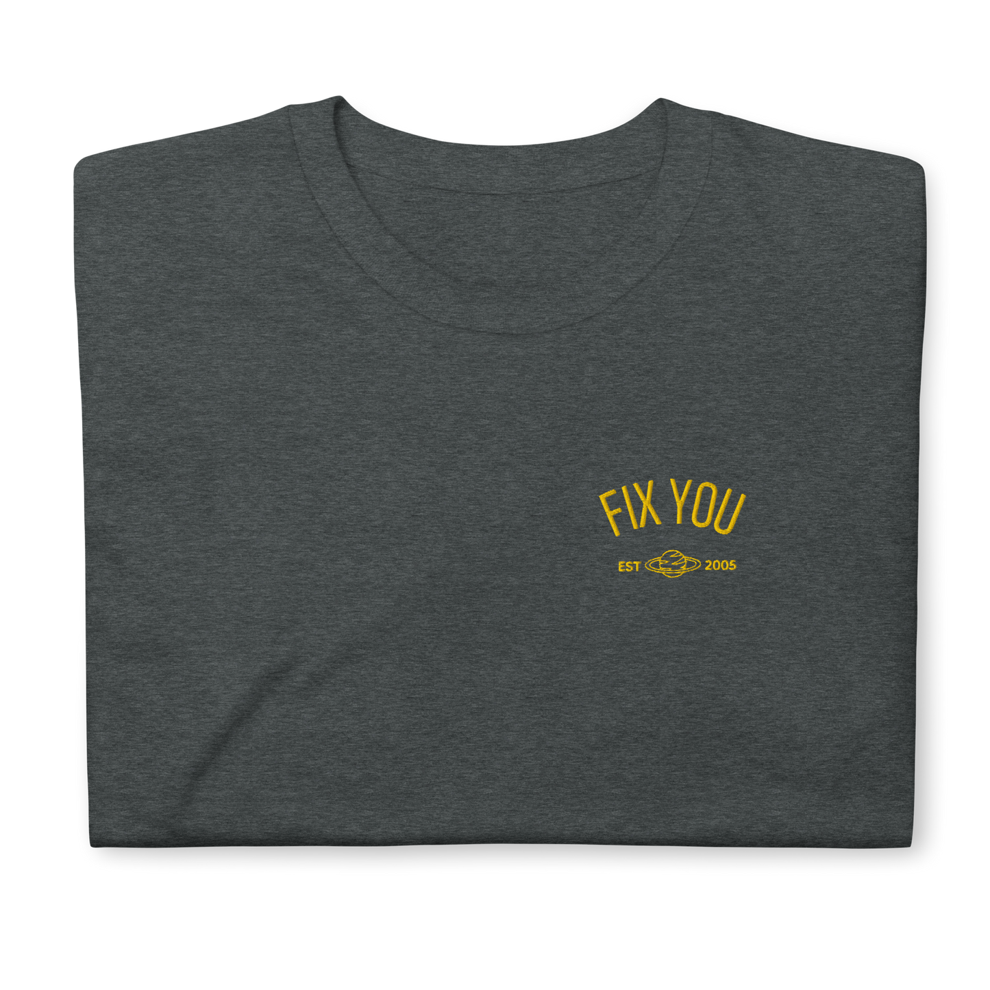 Dark heather minimalist t-shirt featuring yellow “Fix You” typography with subtle graphic detail - Coldplay inspired band merch, aesthetic Coldplay “Fix You” song fan apparel