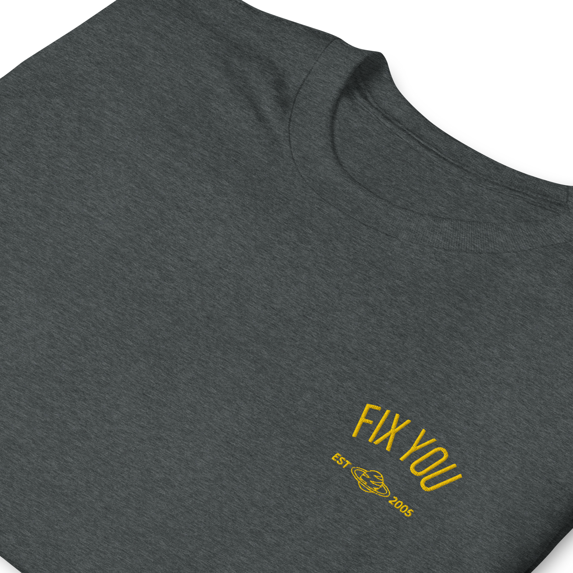 Dark heather minimalist t-shirt featuring yellow “Fix You” typography with subtle graphic detail - Coldplay inspired band merch, aesthetic Coldplay “Fix You” song fan apparel