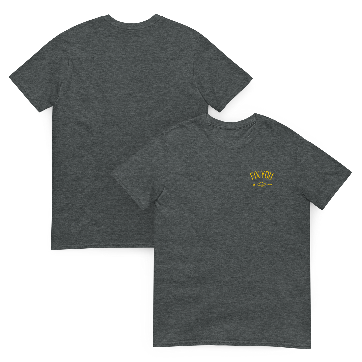 Dark heather minimalist t-shirt featuring yellow “Fix You” typography with subtle graphic detail - Coldplay inspired band merch, aesthetic Coldplay “Fix You” song fan apparel