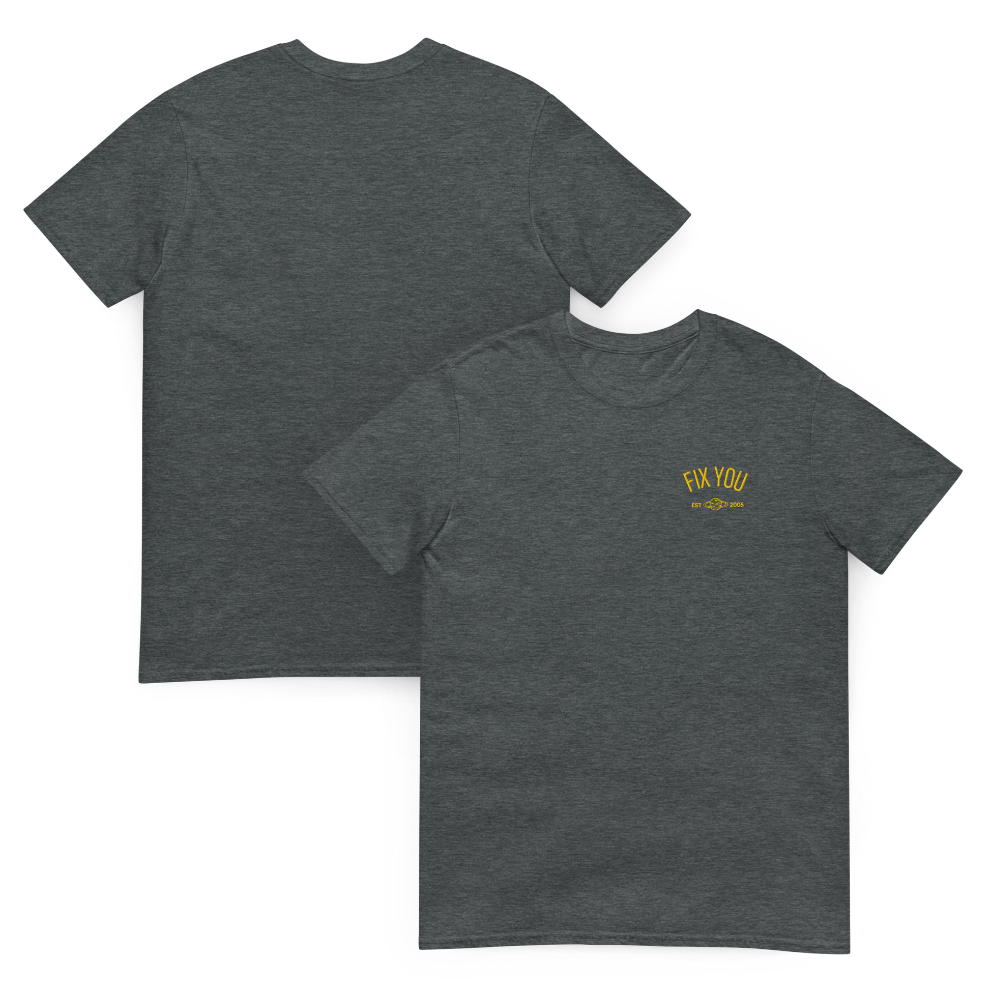 Dark heather minimalist t-shirt featuring yellow “Fix You” typography with subtle graphic detail - Coldplay inspired band merch, aesthetic Coldplay “Fix You” song fan apparel