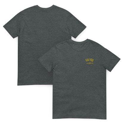 Dark heather minimalist t-shirt featuring yellow “Fix You” typography with subtle graphic detail - Coldplay inspired band merch, aesthetic Coldplay “Fix You” song fan apparel